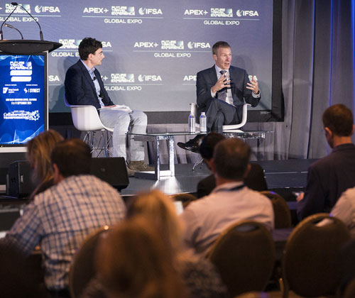 Conference stage presentation featuring airline executive speaker at APEX FTE EXPO Asia