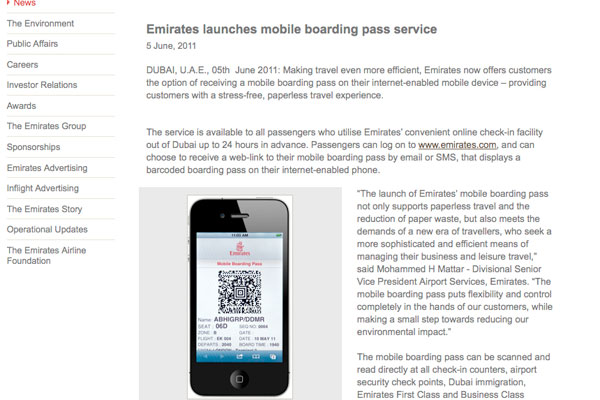 Any passenger flying from Dubai with Emirates can now choose to receive a mobile boarding pass via email or SMS.