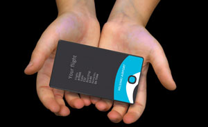Personal display card to guide passengers through Helsinki Airport The display card shows real-time flight information and provides updates on boarding times and the estimated walking time to the gate.