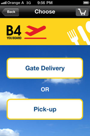 The B4 YOU BOARD app allows passengers to order food and drink to either collect or be delivered to the gate while they are waiting for their flight.