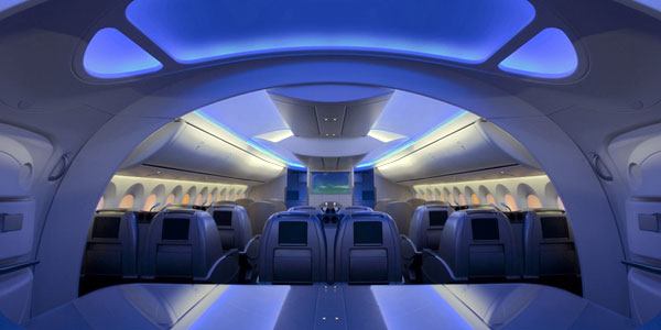 The cabin of a Boeing 787 Dreamliner, as designed by Teague.