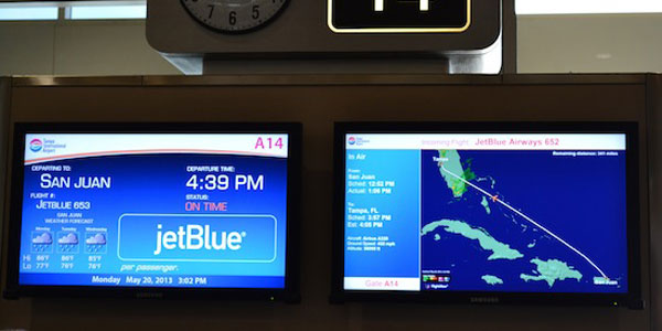 Tampa International Airport’s Flight-in-Sight displays real-time flight information on a high resolution monitor Tampa International Airport’s Flight-in-Sight displays real-time flight information on a high resolution monitor