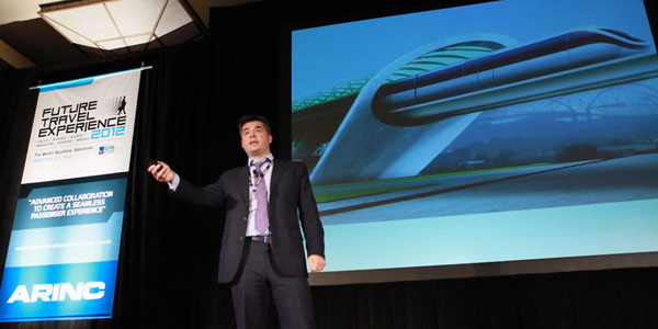 José Mariano López, Founder and CEO of zero2infinity, outlined the potential of a Hyperloop-style transportation system to delegates,