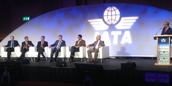 Offering his opinion on the distribution debate, Air France-KLM CEO, Alexandre de Juniac (second from left), told delegates: “IATA needs to set the standard and the IT providers need to pay for it.”