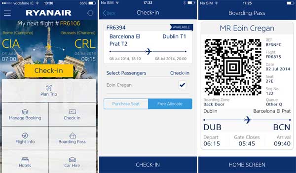 Ryanair’s new app, complete with mobile boarding passes