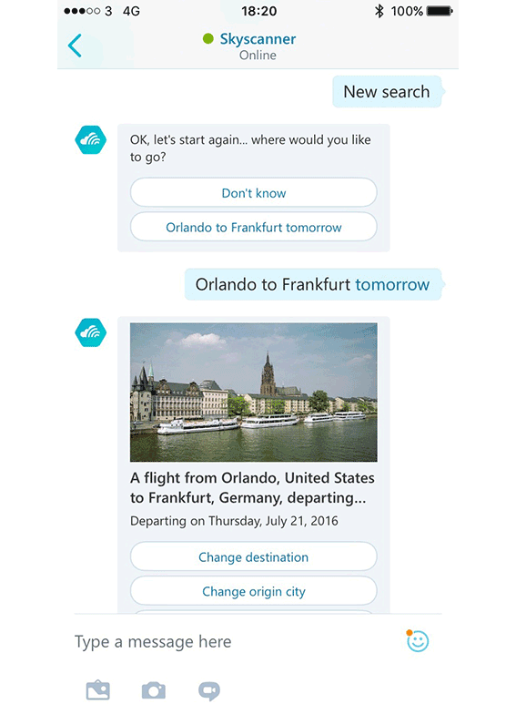 Skype users can add the Skyscanner bot to their group chat and then ask if to search for flights and prices. 