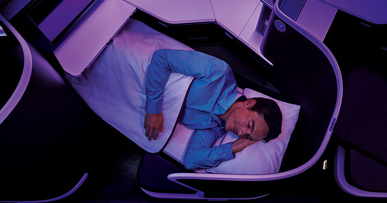 Photograph of the new lie-flat beds in the Boeing 777-300ER