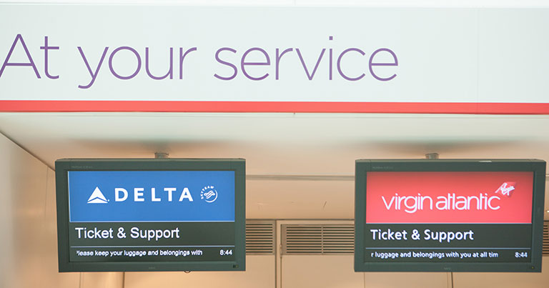 Photograph of the Delta and Virgin Atlantic check-in desks