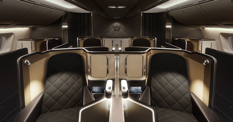 Photograph of the premium seats of the British Airways 787-9 Dreamliner