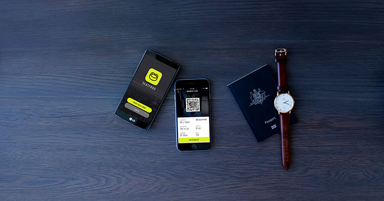 Photograph of the Seatfrog mobile application, including sample boarding pass.