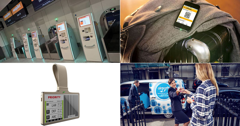 Clockwise from top left: easyJet's self-service bag drop at Gatwick Airport; Lufthansa's mobile baggage innovations; the AirPortr + Bag Check In service; the BagID permanent electronic bag tag.
