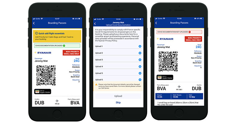 Ryanair adds COVID-19 Travel Wallet to mobile